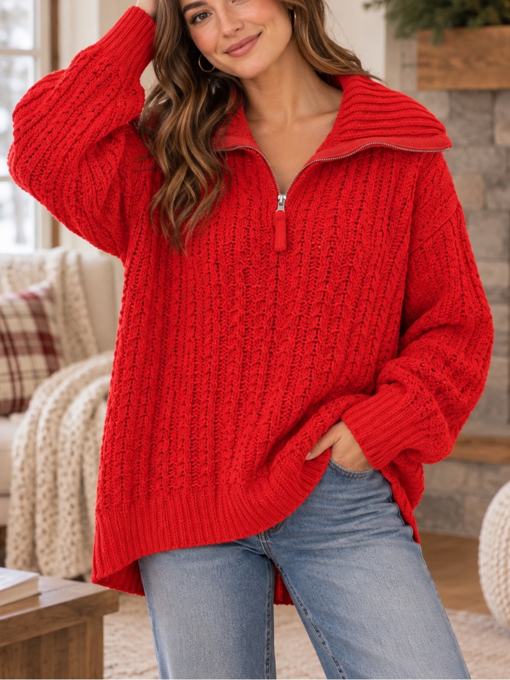 Aerie Red Chunky Knit Oversized Half Zip Sweater Size XL Holiday
